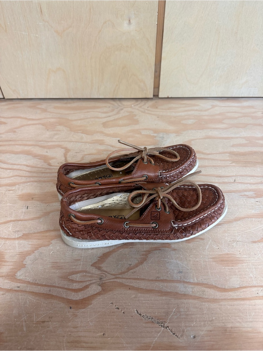 Sperry Woven Chestnut Leather Boat Shoes with White Sole